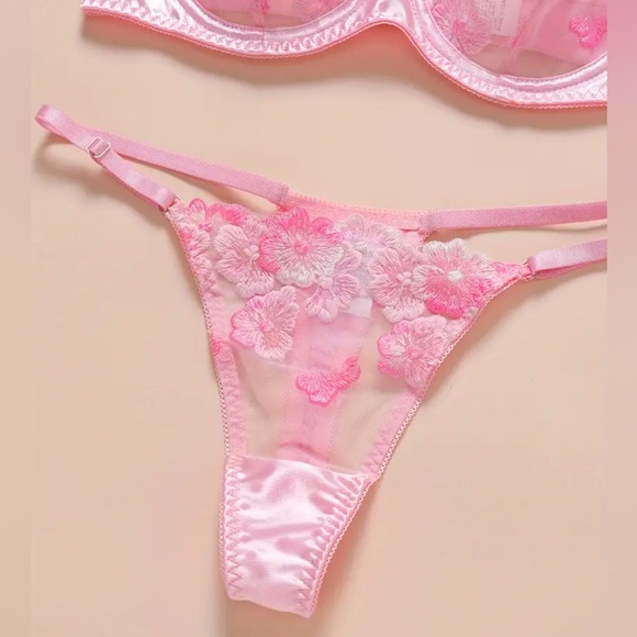 Gigi Angelic Pink Floral Embroidered Sheer Bow Bra + Panty Thong Lingerie Set - Picture 7 of 7